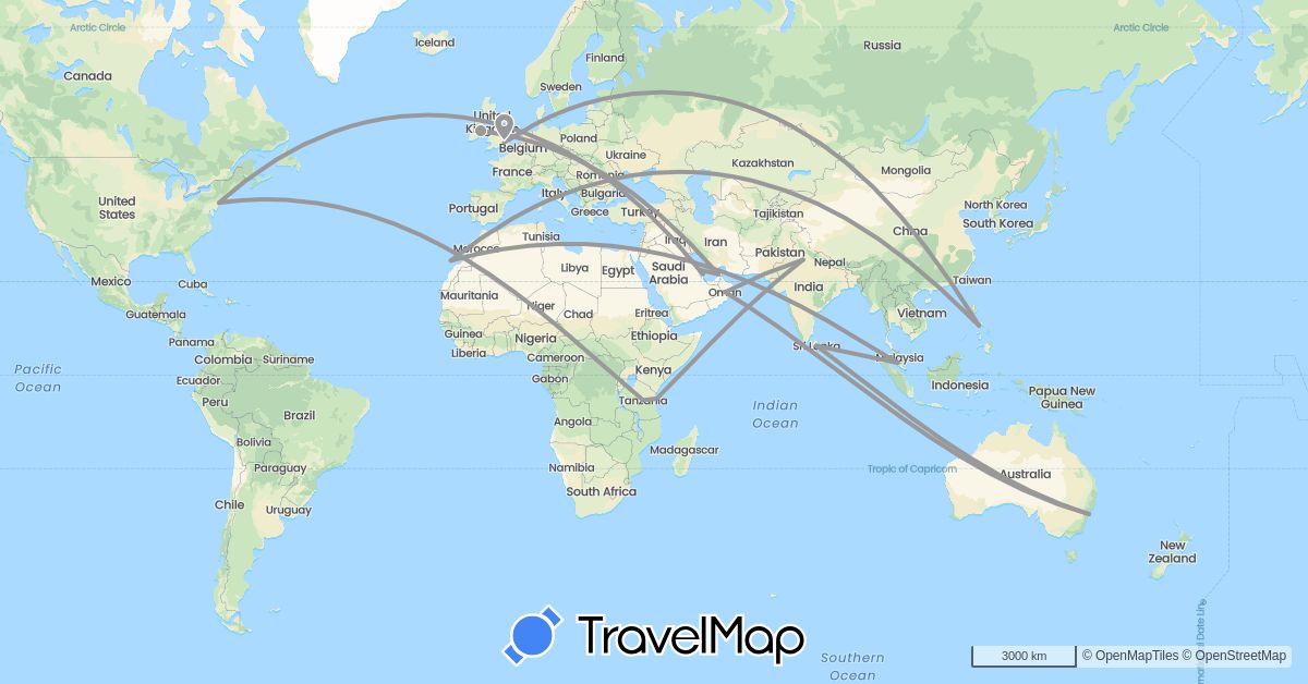 TravelMap itinerary: plane in United Arab Emirates, Australia, Bahrain, Spain, United Kingdom, Ireland, India, Sri Lanka, Malaysia, Oman, Philippines, Qatar, Tanzania, United States (Africa, Asia, Europe, North America, Oceania)